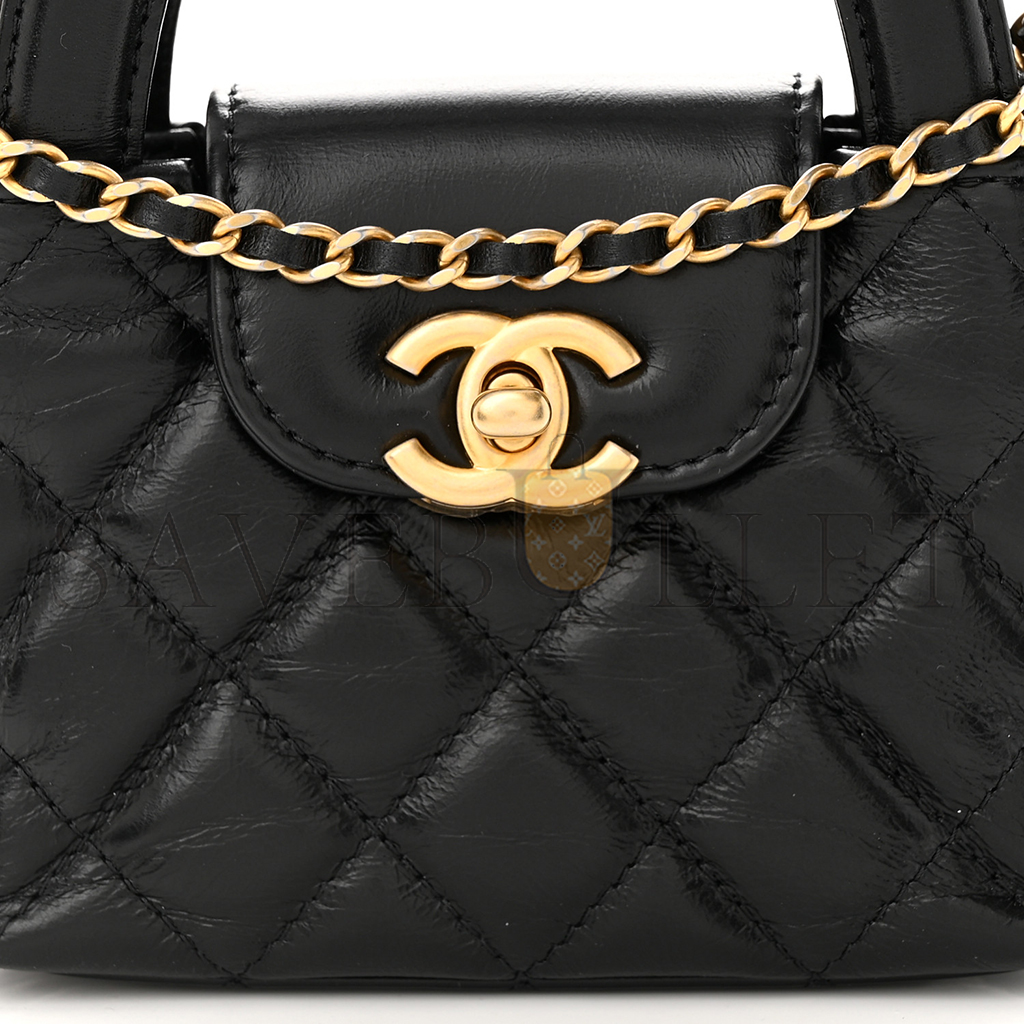 Ch*el shiny calfskin quilted mini nano kelly shopper black (12.5*8.3*4cm)